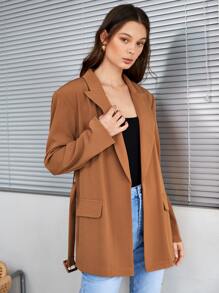 SHEIN Áo vest Thắt lưng Thùa khuyết màu trơn Thanh lịch - màu nâu - Xem 5