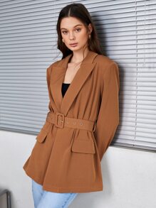 SHEIN Áo vest Thắt lưng Thùa khuyết màu trơn Thanh lịch - màu nâu - Xem 2