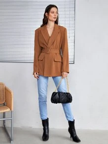 SHEIN Áo vest Thắt lưng Thùa khuyết màu trơn Thanh lịch - màu nâu - Xem 6