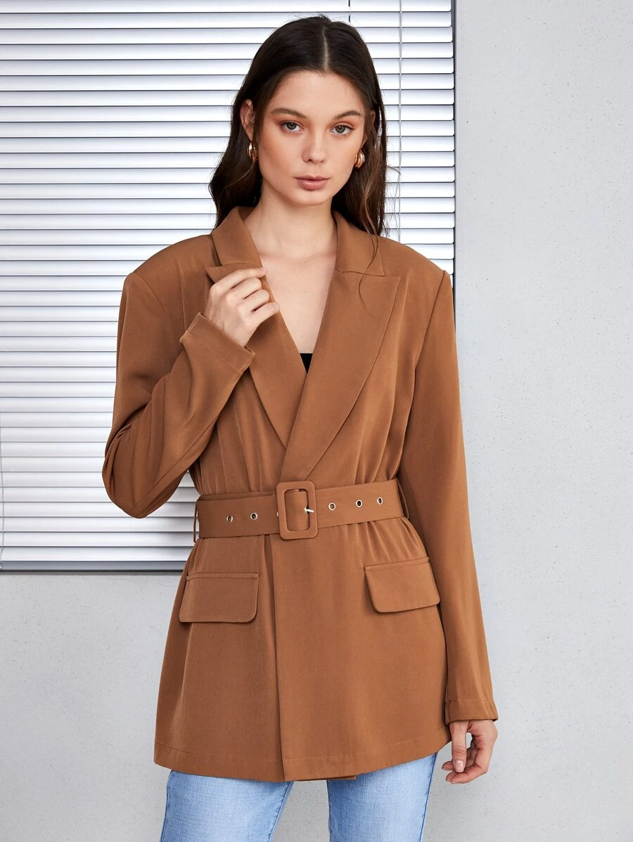 SHEIN Áo vest Thắt lưng Thùa khuyết màu trơn Thanh lịch - màu nâu - Xem 1