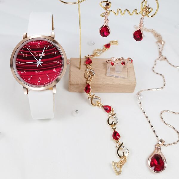 

1pc Luminous Round Pointer Quartz Watch & 5pcs Jewelry Set