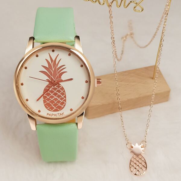 

1pc Pineapple Pattern Dial Quartz Watch & 1pc Necklace