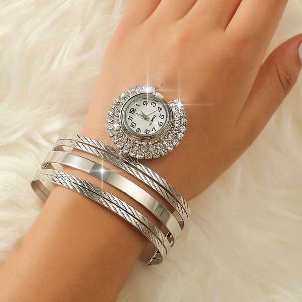 

Rhinestone Decor Round Pointer Quartz Watch