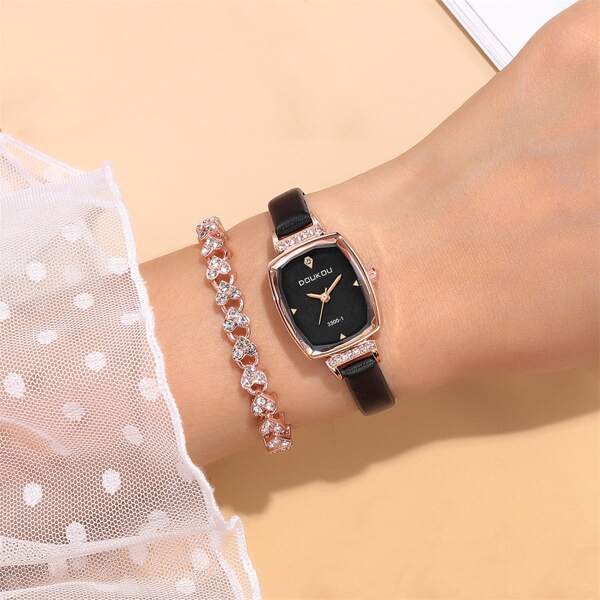 

1pc Rhinestone Decor Rectangle Pointer Quartz Watch & 1pc Bracelet