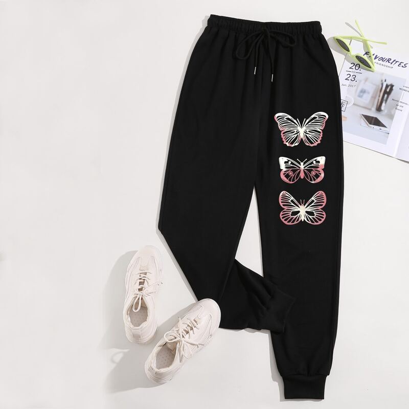 

Butterfly Print Drawstring Waist Sweatpants, Black