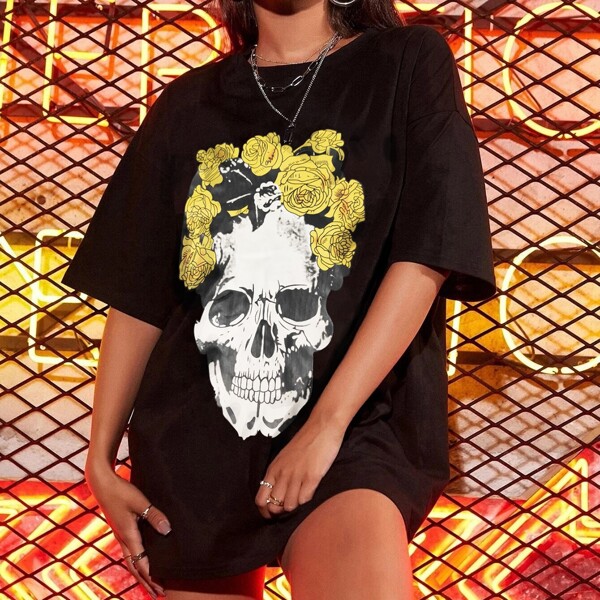 

Floral And Skull Print Oversized Tee, Black