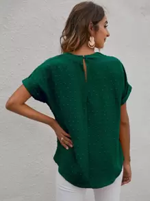 SHEIN LUNE Áo sơ mi viền lá sen màu trơn Thanh lịch - Màu xanh lá cây đậm - Xem 2