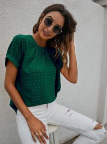 SHEIN LUNE Áo sơ mi viền lá sen màu trơn Thanh lịch - Màu xanh lá cây đậm - Xem 3