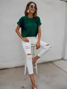 SHEIN LUNE Áo sơ mi viền lá sen màu trơn Thanh lịch - Màu xanh lá cây đậm - Xem 4