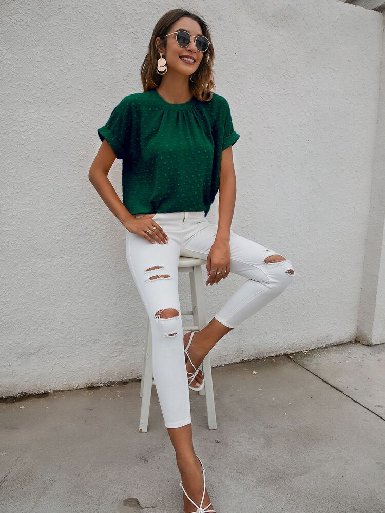 SHEIN LUNE Solid Swiss Dot Keyhole Back Batwing Sleeve Blouse - Dark Green - View 4