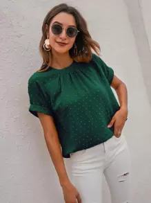 SHEIN LUNE Áo sơ mi viền lá sen màu trơn Thanh lịch - Màu xanh lá cây đậm - Xem 5