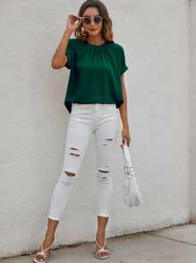 SHEIN LUNE Áo sơ mi viền lá sen màu trơn Thanh lịch - Màu xanh lá cây đậm - Xem 6