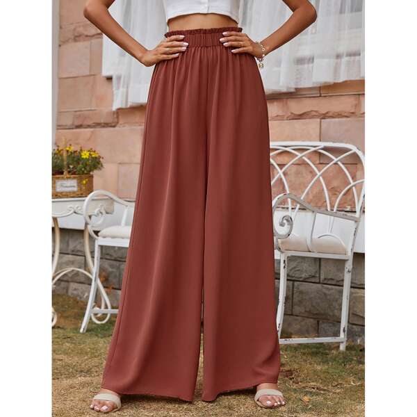 

Solid Paperbag Waist Wide Leg Pants, Rust brown