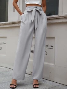 Striped Belted Tailored Pants - Light Grey - View 1
