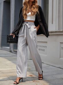 Striped Belted Tailored Pants - Light Grey - View 3