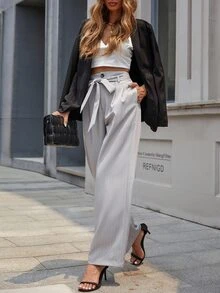 Striped Belted Tailored Pants - Light Grey - View 4