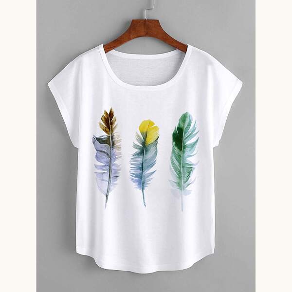 

Feather Print Batwing Sleeve Tee, White