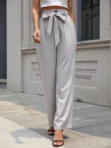 Striped Belted Tailored Pants - Light Grey - View 6