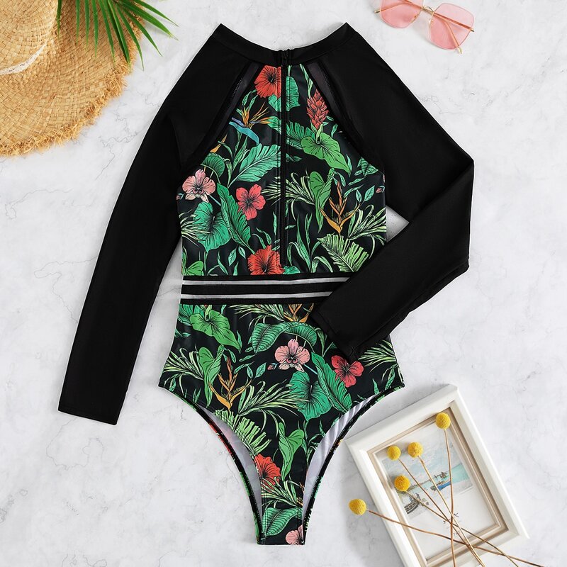 

Tropical Print Contrast Mesh High Neck One Piece Swimsuit, Multicolor