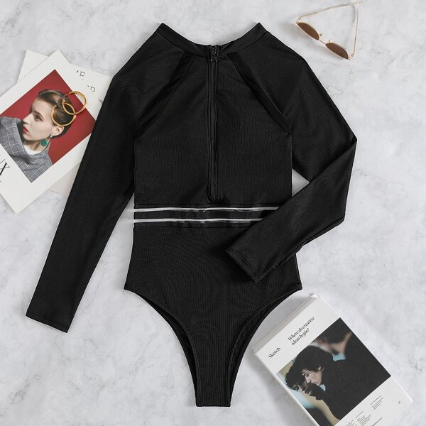 

Ribbed Contrast Mesh High Neck One Piece Swimsuit, Black