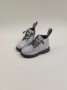 Girls Glitter Decor Lace-up Boots - Silver - View 1