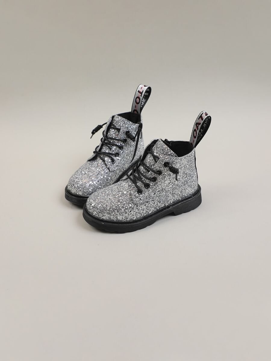 Girls Glitter Decor Lace-up Boots - Silver - View 1