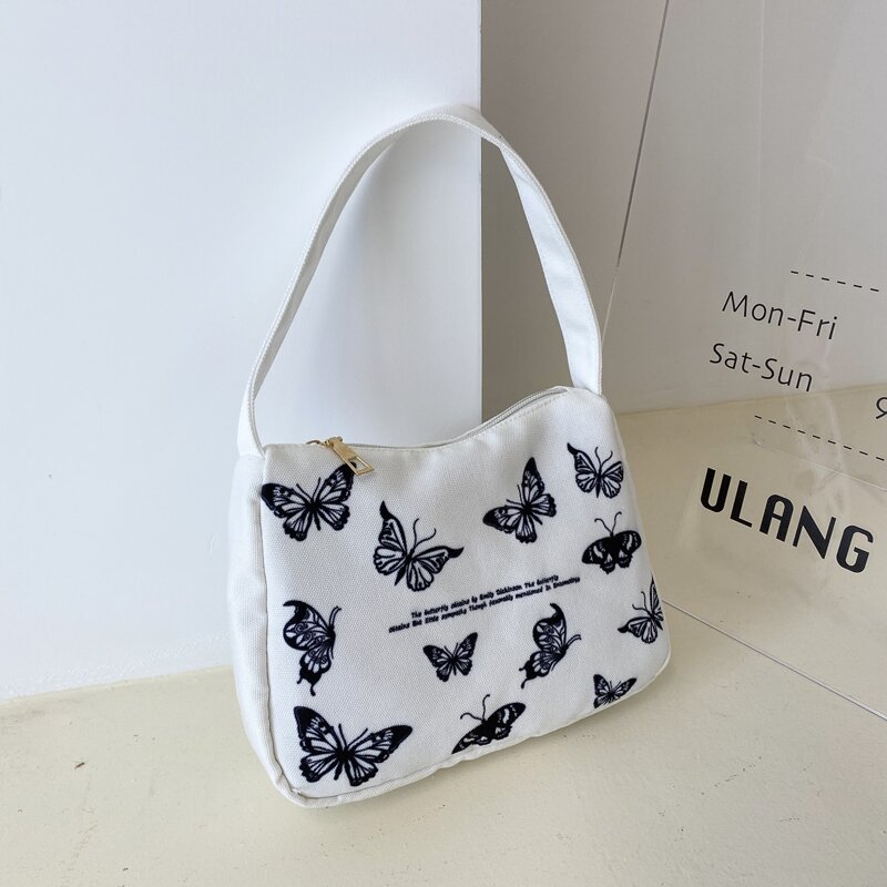 

Allover Butterfly Graphic Baguette Bag, White