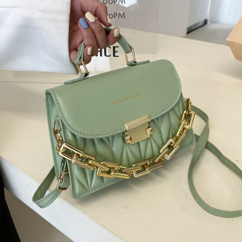 

Chain Decor Quilted Satchel Bag, Green