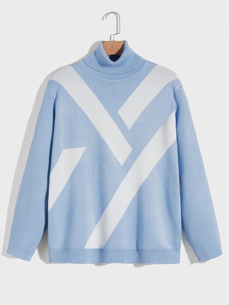 Manfinity Pull à motif géométrique col roulé - Bleu ciel - Voir 1