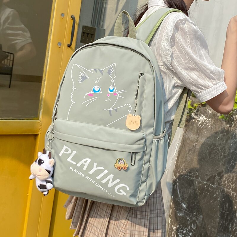 

Cartoon & Letter Graphic Functional Backpack With Bag Charm, Green