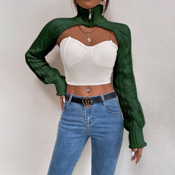 

1pc Cable Knit Super Crop Sweater, Dark green