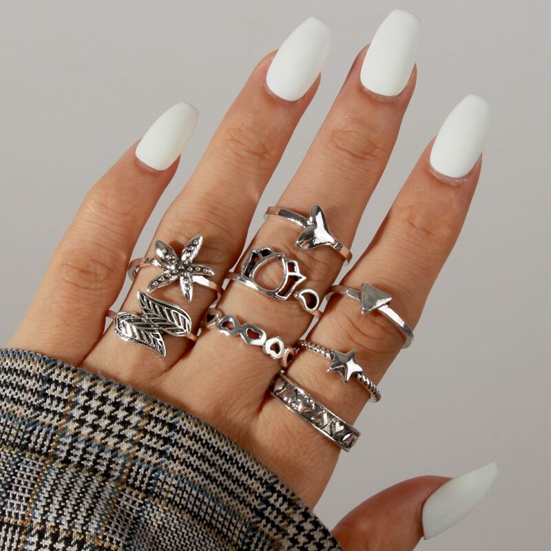 

8pcs Star & Leaf Design Ring, Antique silver