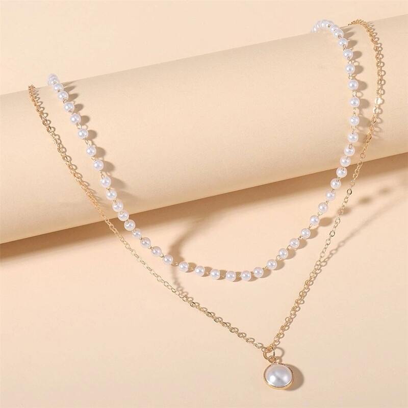 

Faux Pearl Layered Chain Necklace, Gold