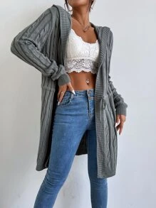 SHEIN Essnce Áo len Mở Dây kéo Gân đan màu trơn Giải trí - Màu xám đen - Xem 4