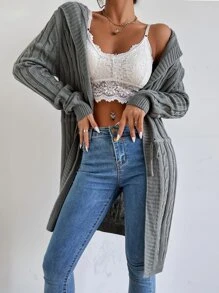 SHEIN Essnce Áo len Mở Dây kéo Gân đan màu trơn Giải trí - Màu xám đen - Xem 5