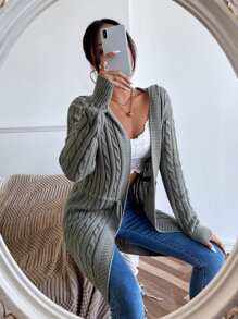 SHEIN Essnce Áo len Mở Dây kéo Gân đan màu trơn Giải trí - Màu xám đen - Xem 6