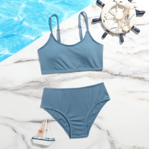 

Girls Plain Ribbed Bikini Swimsuit, Dusty blue