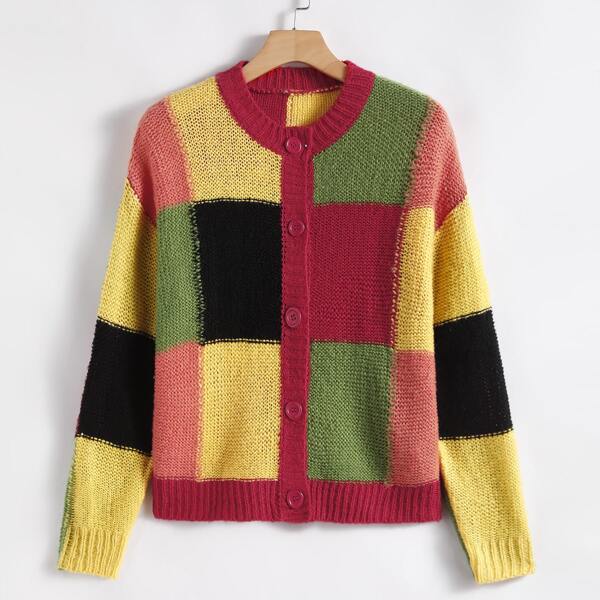 

Drop Shoulder Button Front Colorblock Cardigan, Multicolor