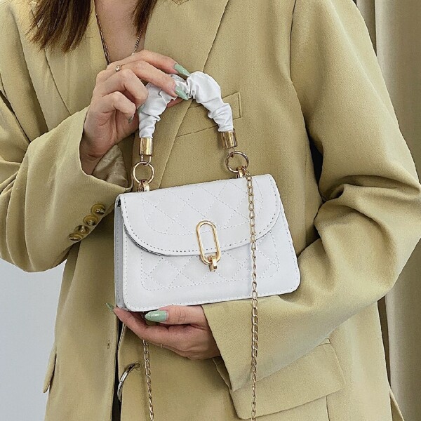 

Metal Lock Quilted Satchel Bag, White