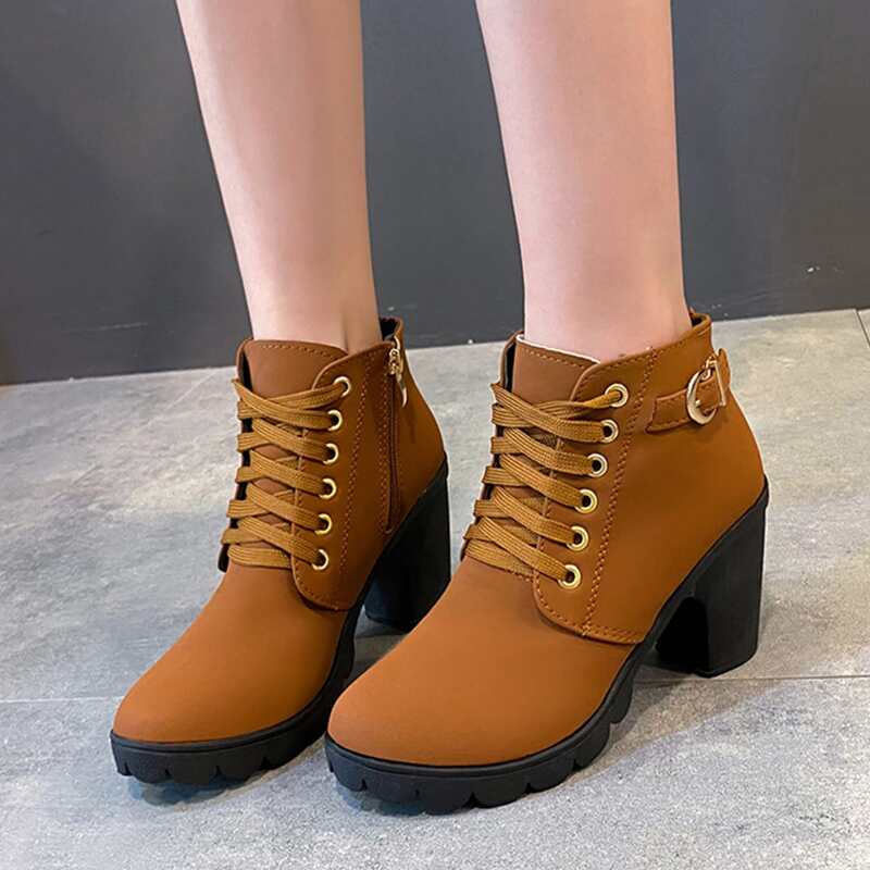 

Buckle Decor Lace-up Front Chunky Heeled Boots, Khaki