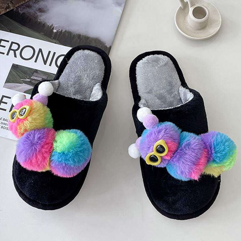 

Cartoon Decor Round Toe Bedroom Slippers, Black