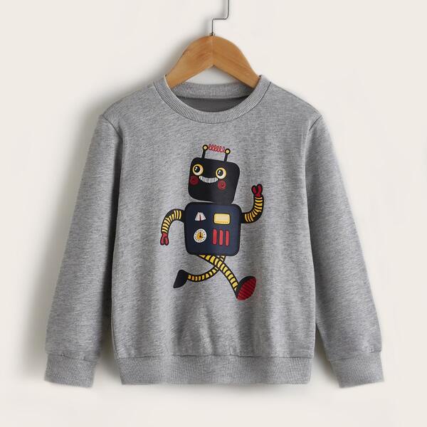 

Toddler Boys Cartoon Print Round Neck Sweatshirt, Grey
