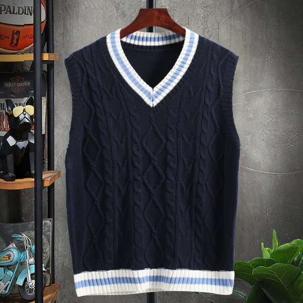 

Men Contrast Trim Sweater Vest, Navy blue