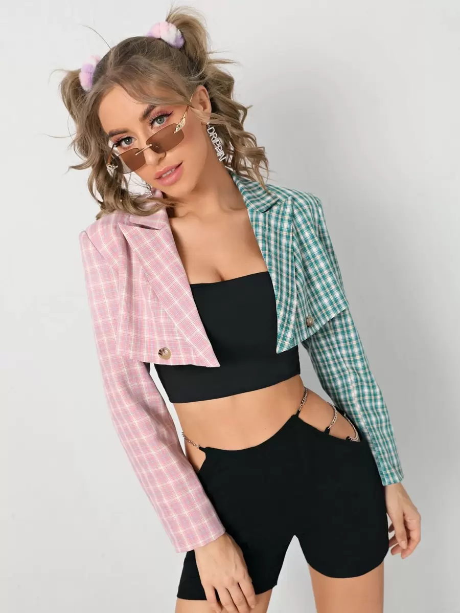 SHEIN EZwear Peak Neck Tartan Print Crop Blazer - Multicolor - View 1