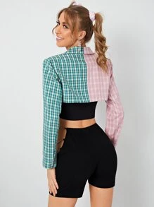 SHEIN EZwear Peak Neck Tartan Print Crop Blazer - Multicolor - View 3