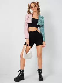 SHEIN EZwear Peak Neck Tartan Print Crop Blazer - Multicolor - View 2