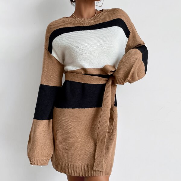 

Striped Drop Shoulder Rib-knit Belted Sweater Dress, Multicolor