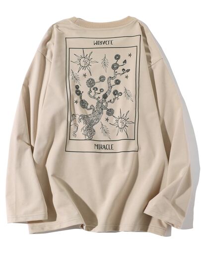 تيشيرت رجالي فضفاض مناسب بطبعة زهور وحروف بأكمام طويلة