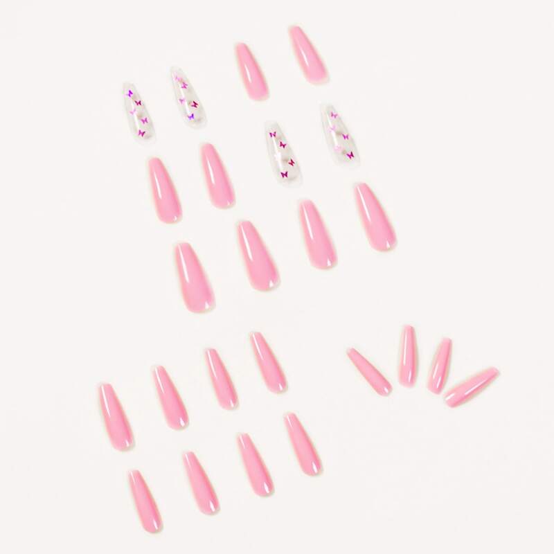 

24pcs Butterfly Pattern Fake Nail, Pink