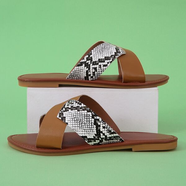 

Criss Cross Snakeskin Pattern Slide Sandals, Brown